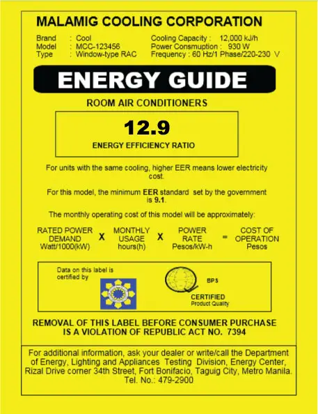 Sample Energy Guide Label from DOE